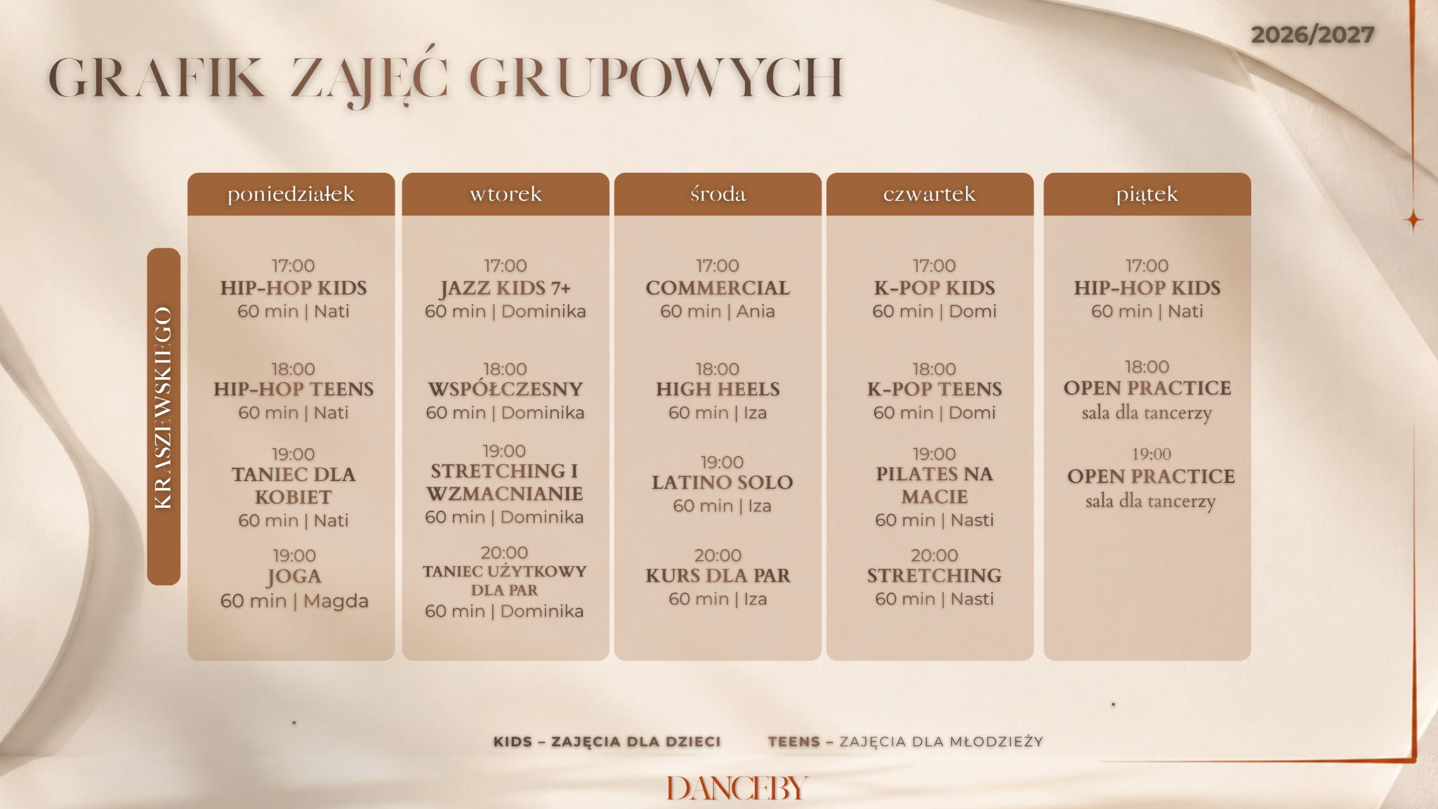 Grafik zajęć 2026/2027 przy Kraszewskiego 7 — taniec, pilates, joga i stretching