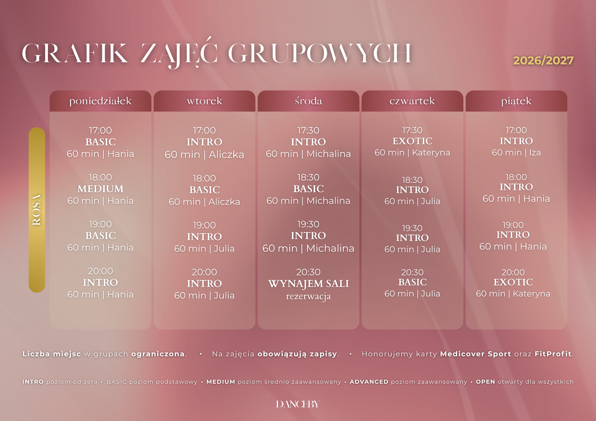 Grafik pole dance 2026/2027 — Sala Rosa przy Toruńskiej 286