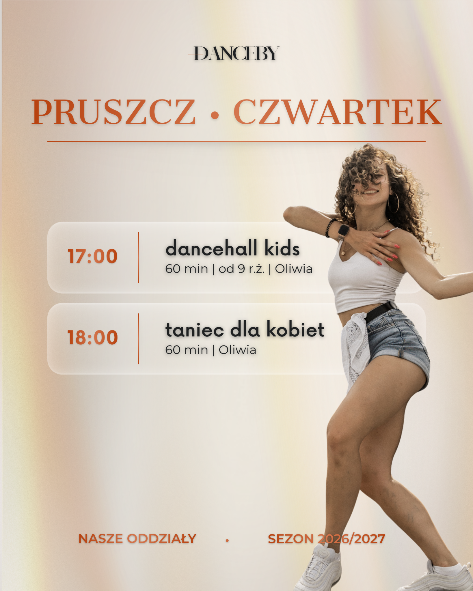 Grafik zajęć w Pruszczu w czwartki — Dancehall Kids od 9 lat i taniec dla kobiet z Oliwią, sezon 2026/2027