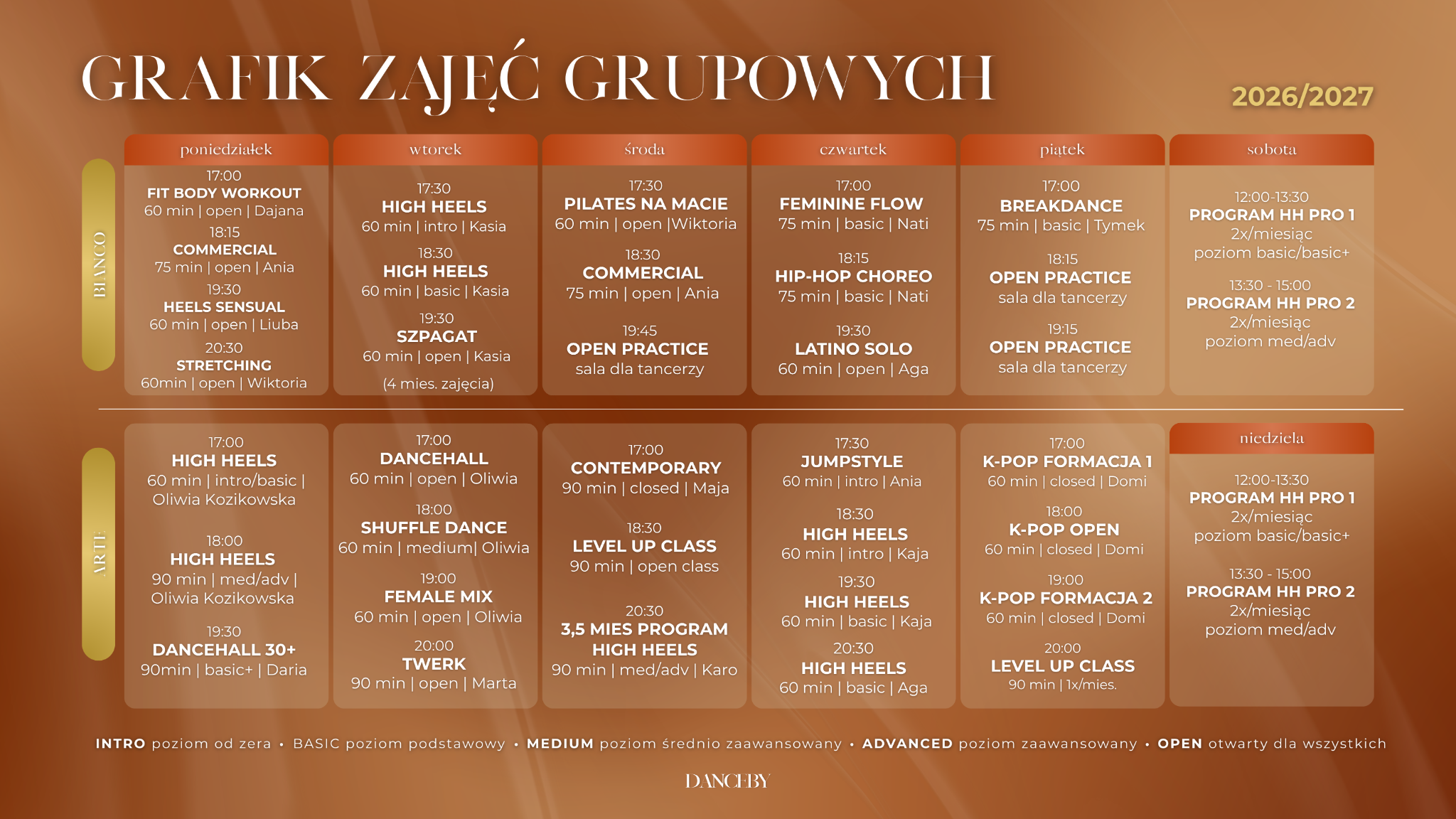 Grafik zajęć tanecznych 2026/2027 przy Toruńskiej 286 — sale Bianco i Arte